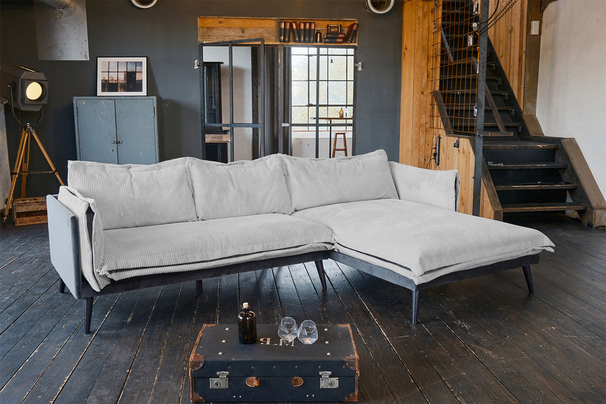 KAWOLA Sofa QUENYA Ecksofa Cord hellgrau / Velvet anthrazit, Ganz rechts