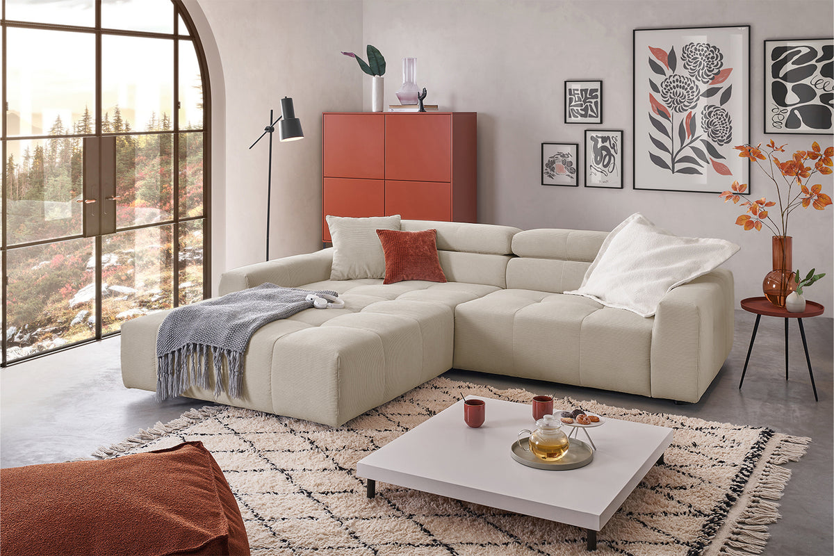 KAWOLA Sofa RENO Ecksofa Feincord beige, Links, Relaxfunktion