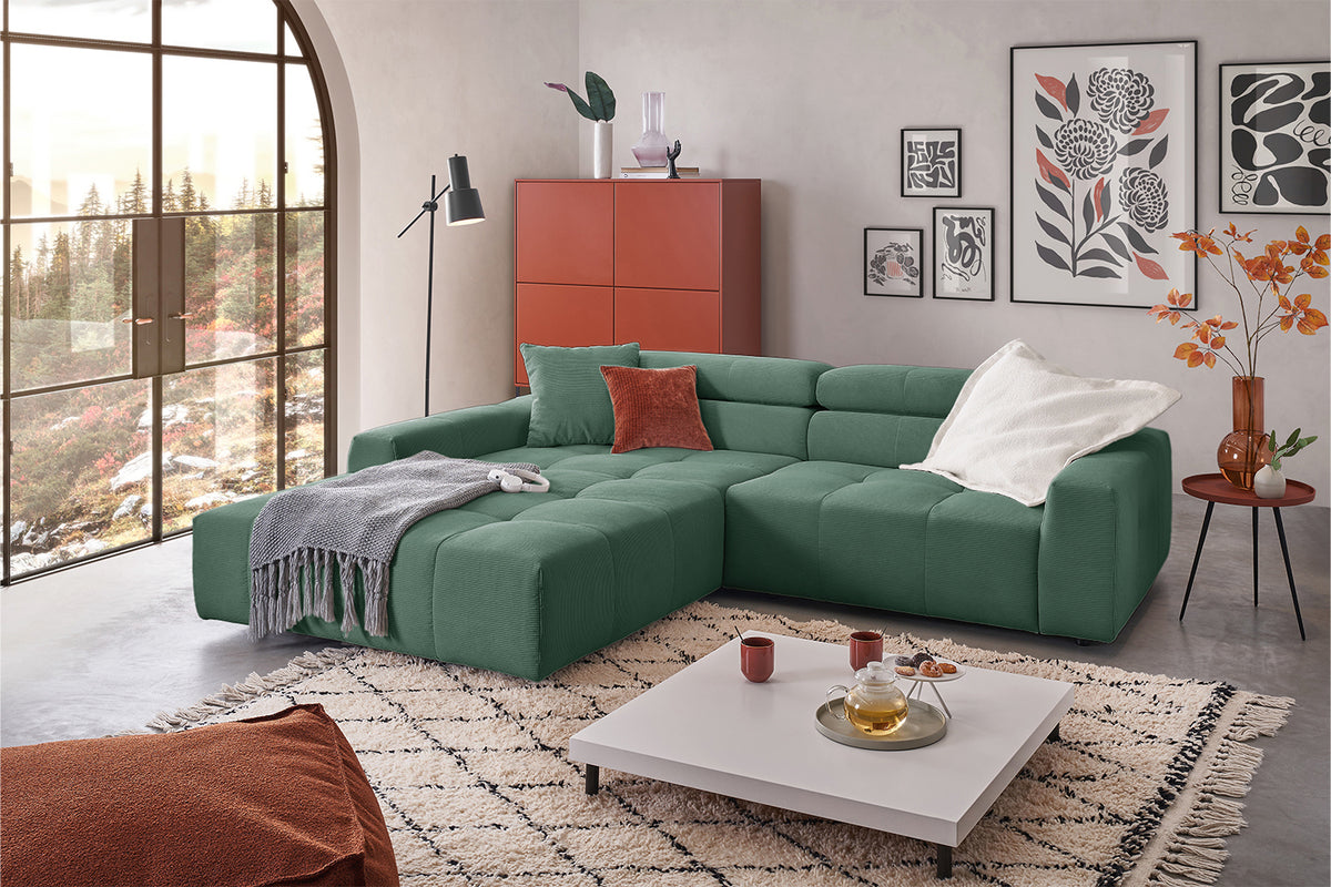 KAWOLA Sofa RENO Ecksofa Feincord grün, Links, Ohne Komfortfunktion