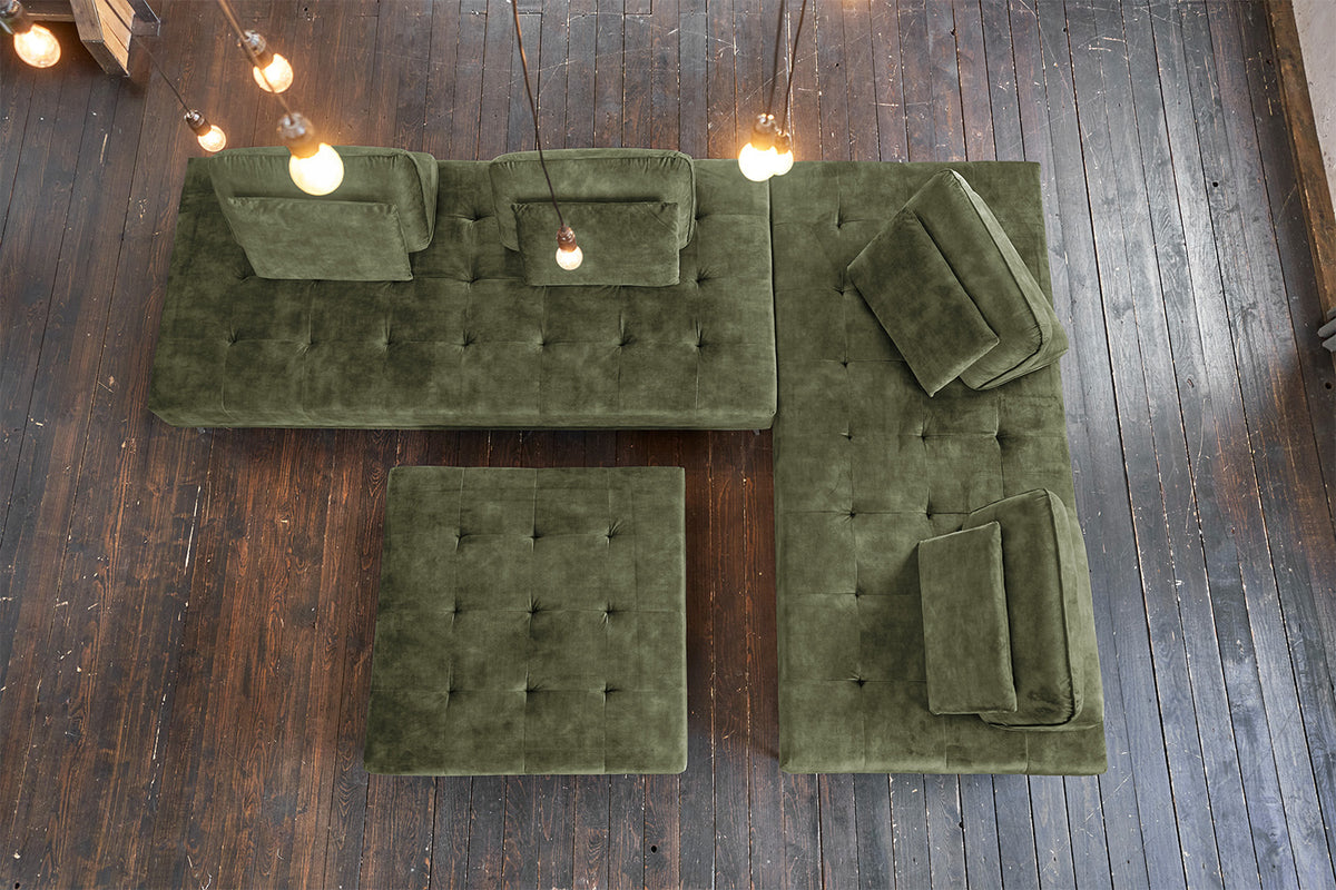 KAWOLA Sofa WIOLO Ecksofa velvet mit Hocker moosgrün