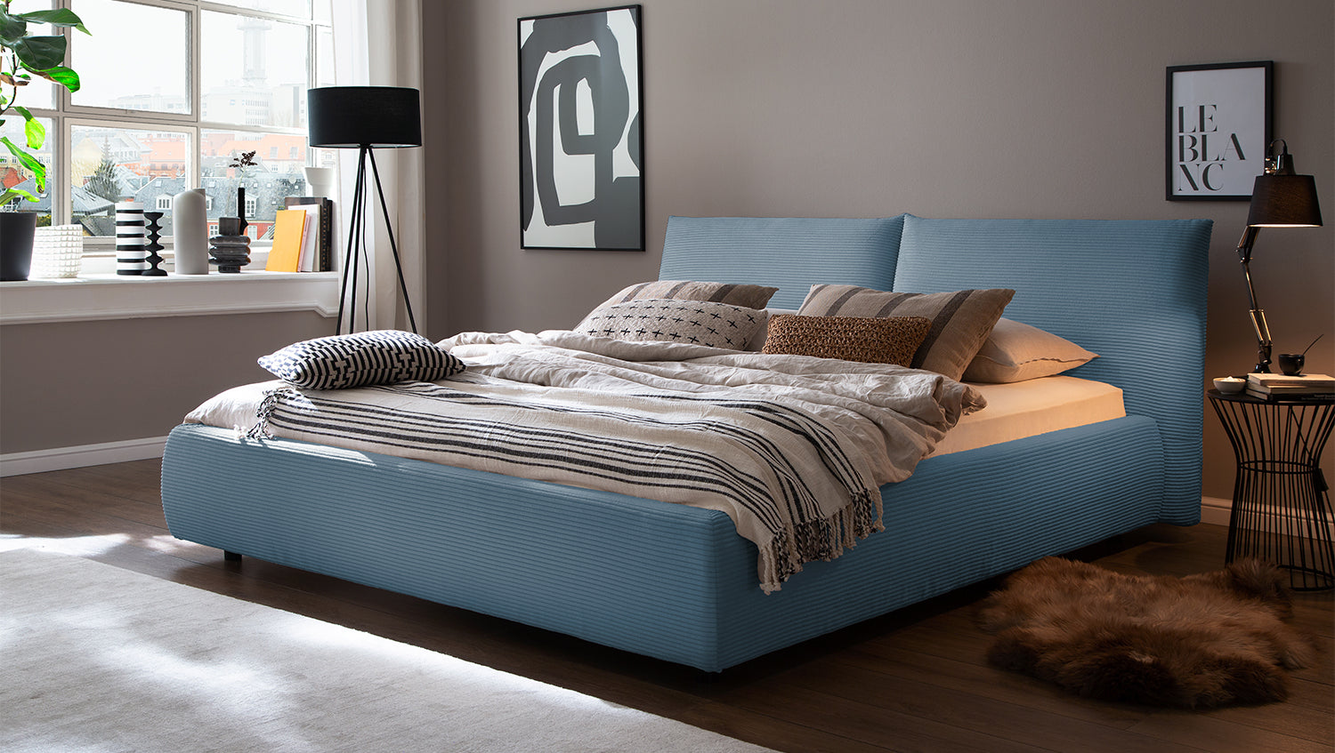 KAWOLA Bett HENRY Polsterbett Cord hellblau, 200 x 160 cm