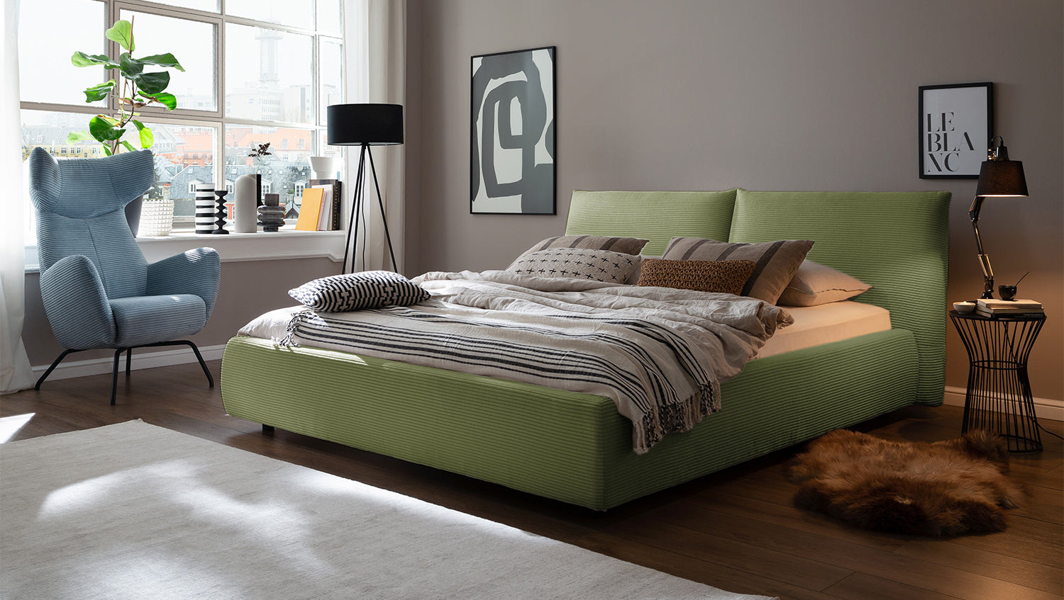 KAWOLA Bett HENRY Polsterbett Cord olivgrün