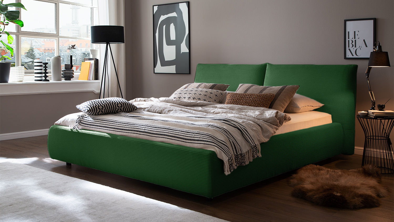 KAWOLA Bett HENRY Polsterbett Cord smaragd, 200 x 180 cm