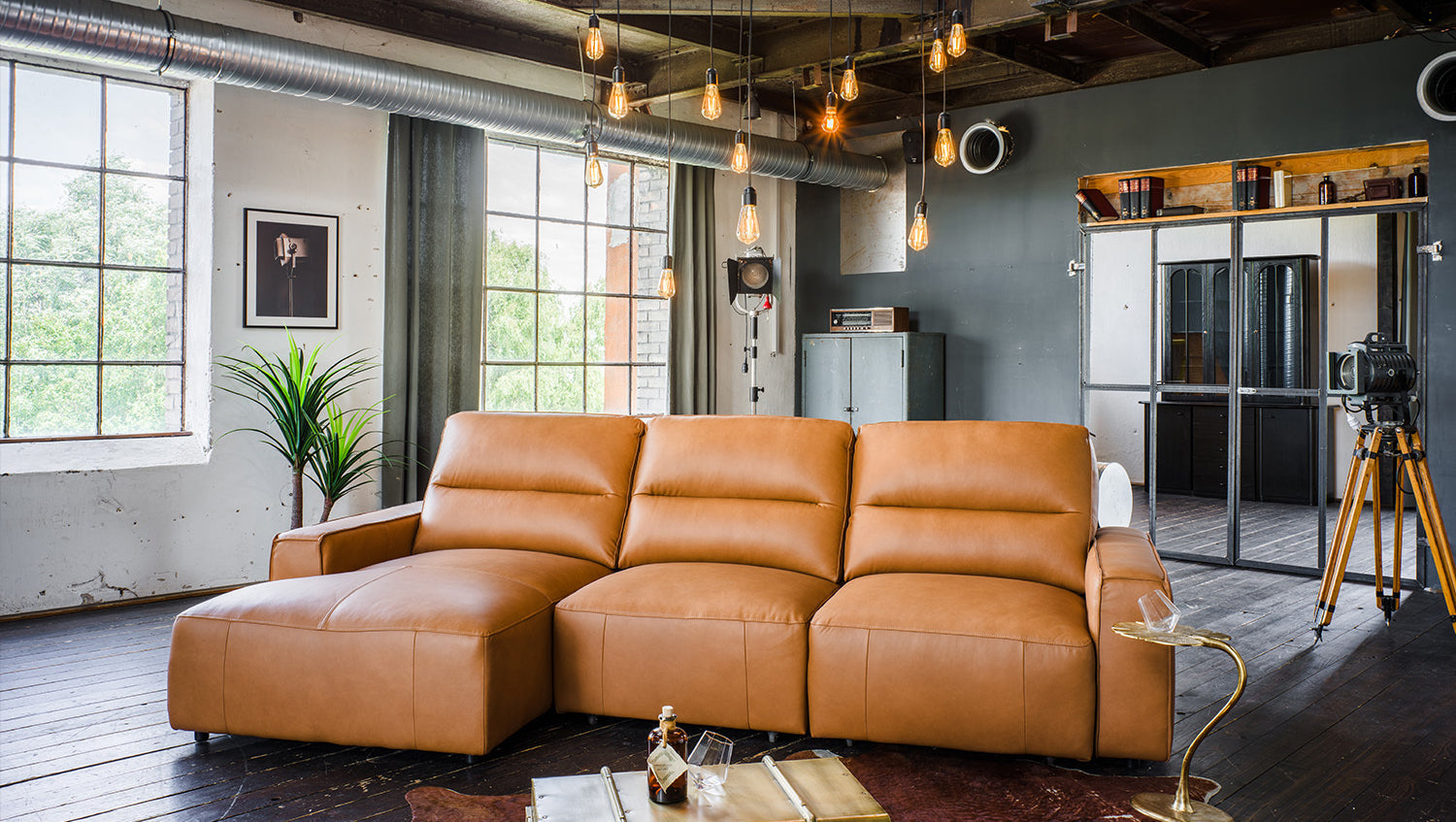 KAWOLA Big Sofa DORI motorischer Sitzvorzug Leder cognac