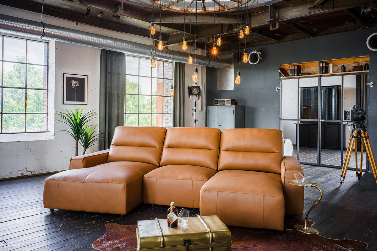 KAWOLA Big Sofa DORI motorischer Sitzvorzug Leder cognac