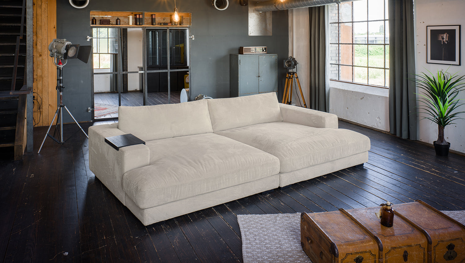 KAWOLA Big Sofa MADELINE Cord cremeweiß, 290 x 170, mit Holztablett schwarz