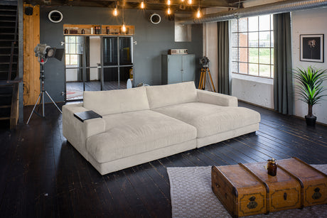 KAWOLA Big Sofa MADELINE Cord cremeweiß, 290 x 190, mit Holztablett schwarz