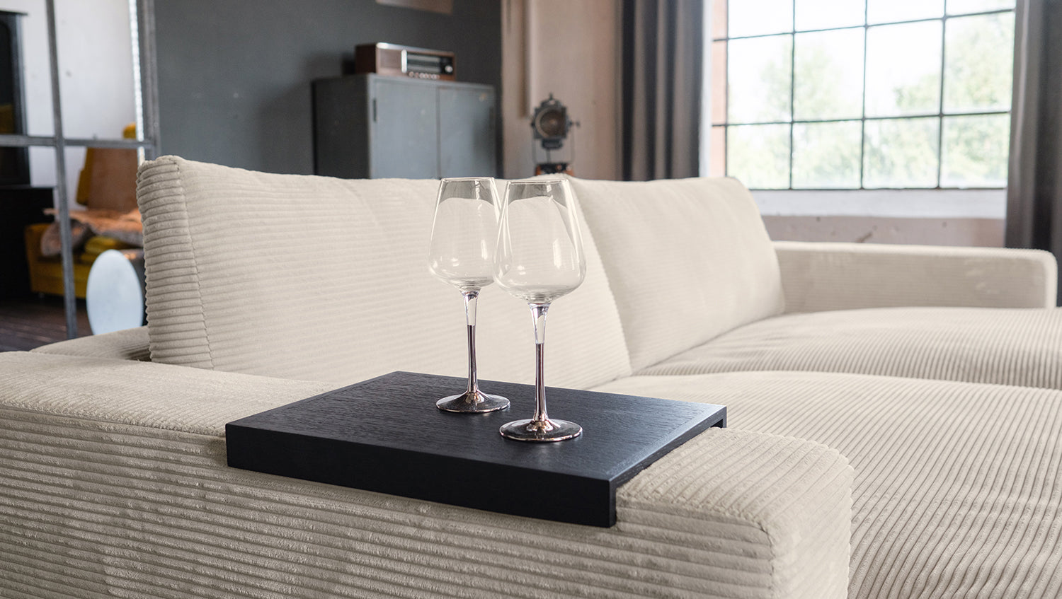 KAWOLA Big Sofa MADELINE Cord cremeweiß mit Hocker und 4 Zierkissen