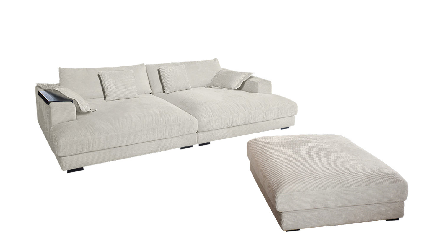 KAWOLA Big Sofa MADELINE Cord cremeweiß mit Hocker und 4 Zierkissen