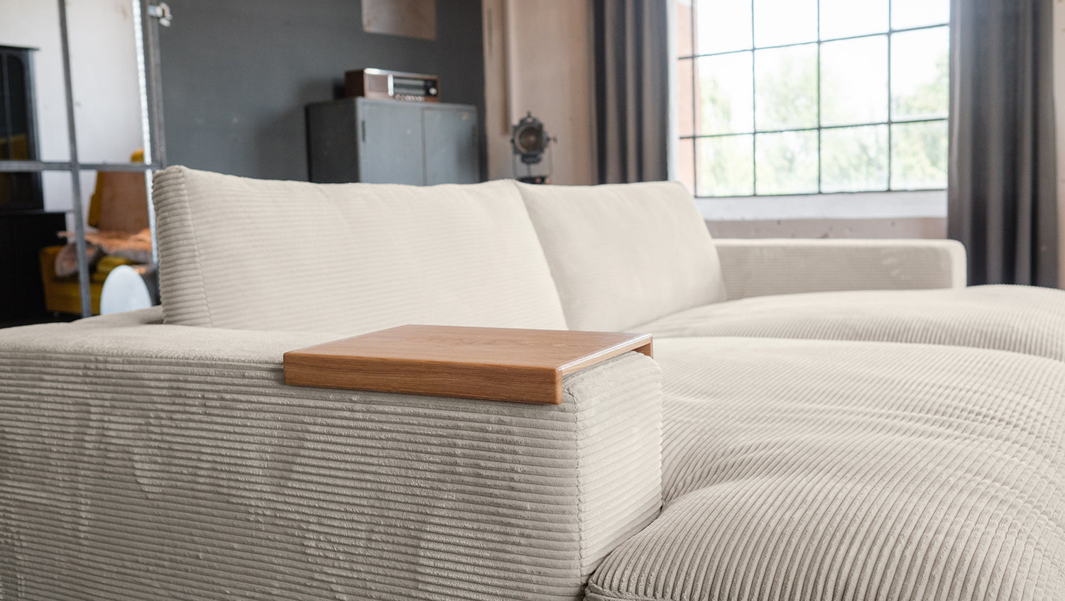 KAWOLA Big Sofa MADELINE Cord cremeweiß mit Hocker und 4 Zierkissen