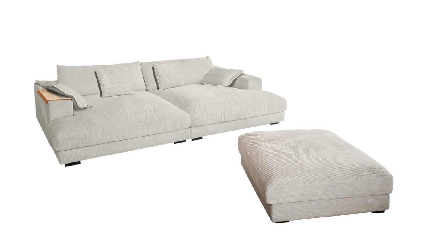 KAWOLA Big Sofa MADELINE Cord cremeweiß mit Hocker und 4 Zierkissen
