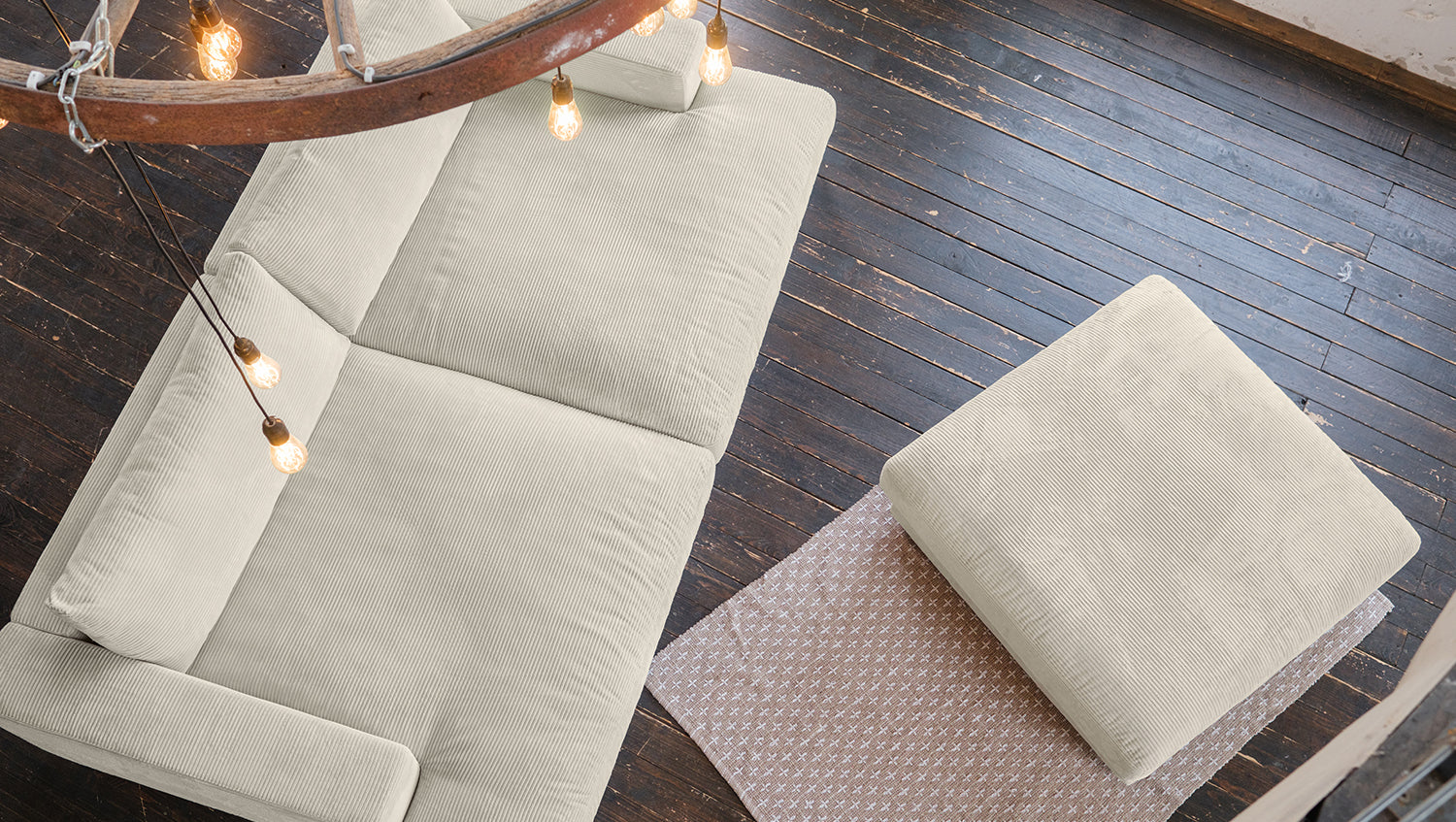 KAWOLA Big Sofa MADELINE Cord cremeweiß mit Hocker und 4 Zierkissen