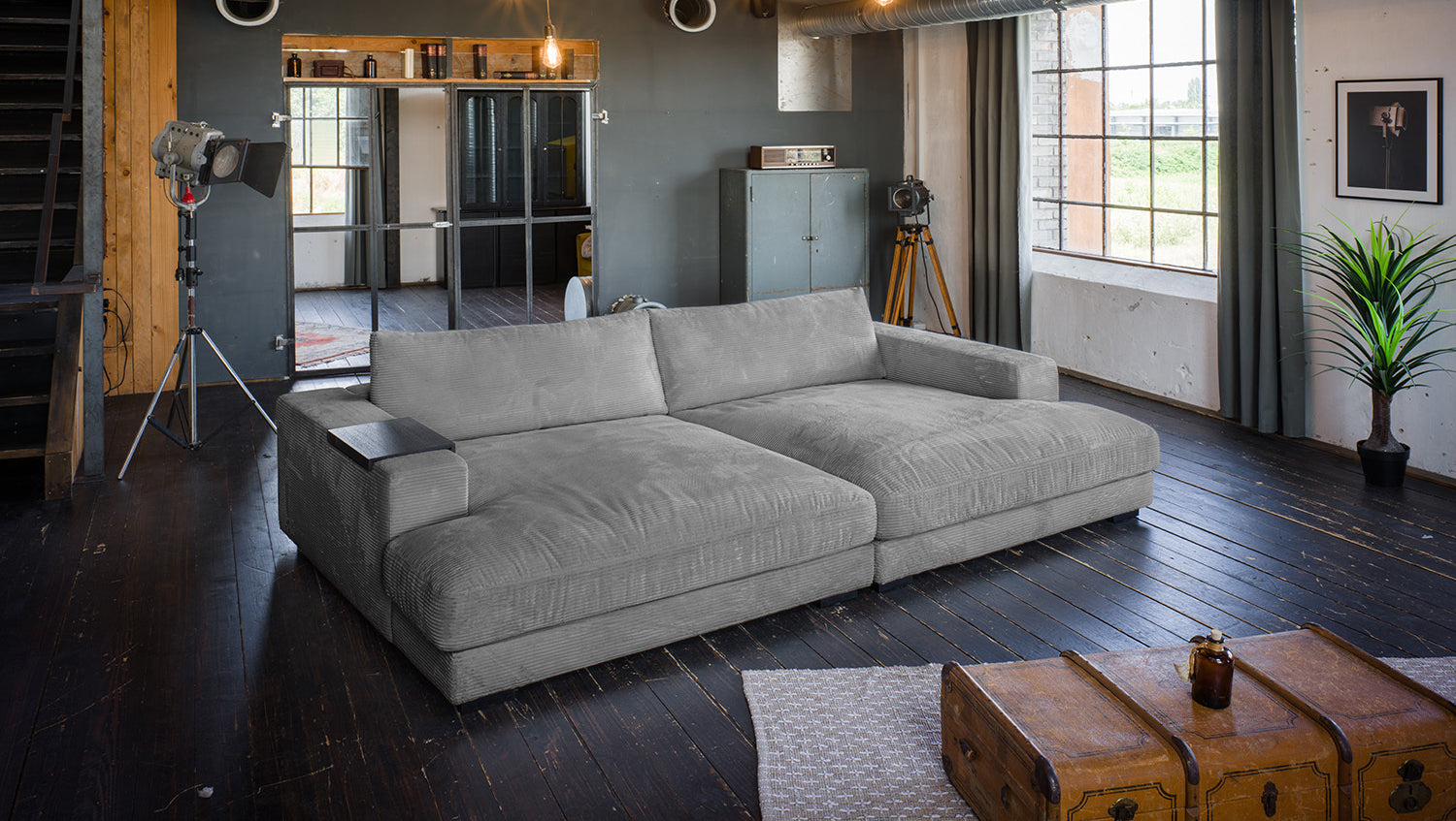 KAWOLA Big Sofa MADELINE Cord grau, 290 x 170, mit Holztablett schwarz