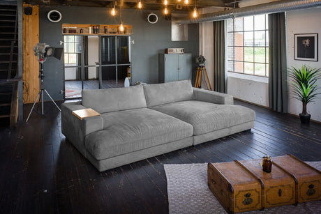 KAWOLA Big Sofa MADELINE Cord grau, 290 x 190, mit Holztablett natur