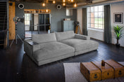 KAWOLA Big Sofa MADELINE Cord grau, 290 x 190, mit Holztablett schwarz