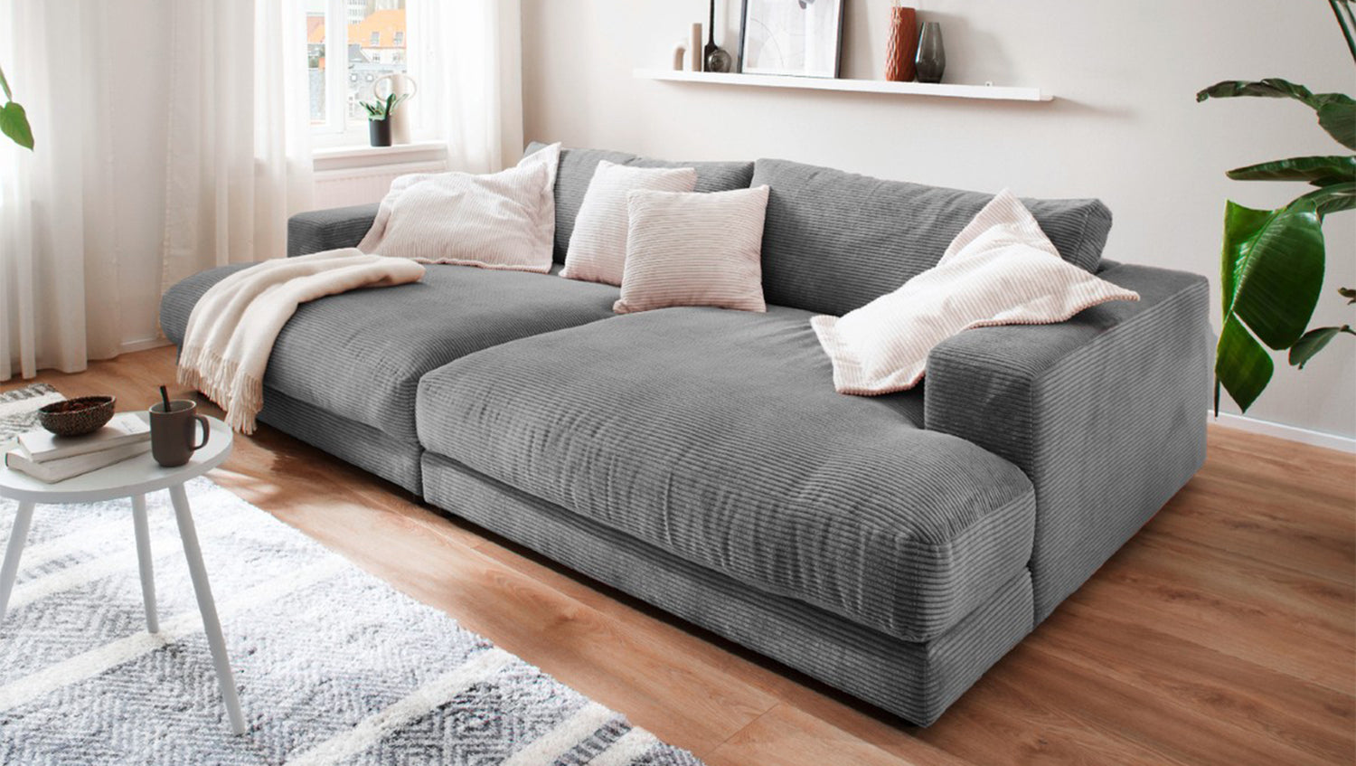 KAWOLA Big Sofa MADELINE Cord grau, 290 x 190, ohne Holztablett