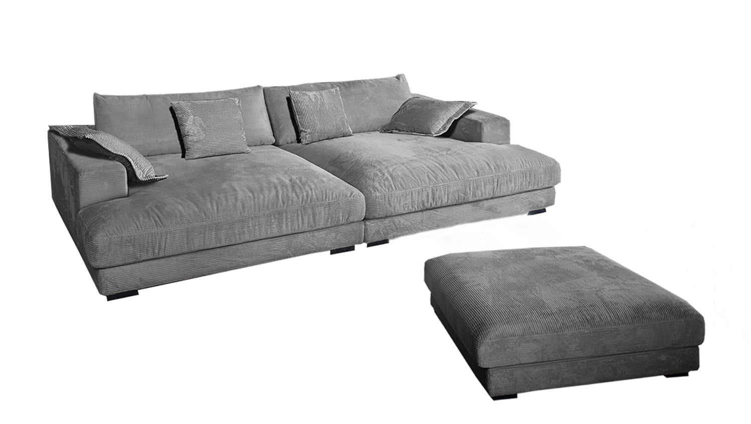 KAWOLA Big Sofa MADELINE Cord grau mit Hocker und 4 Zierkissen