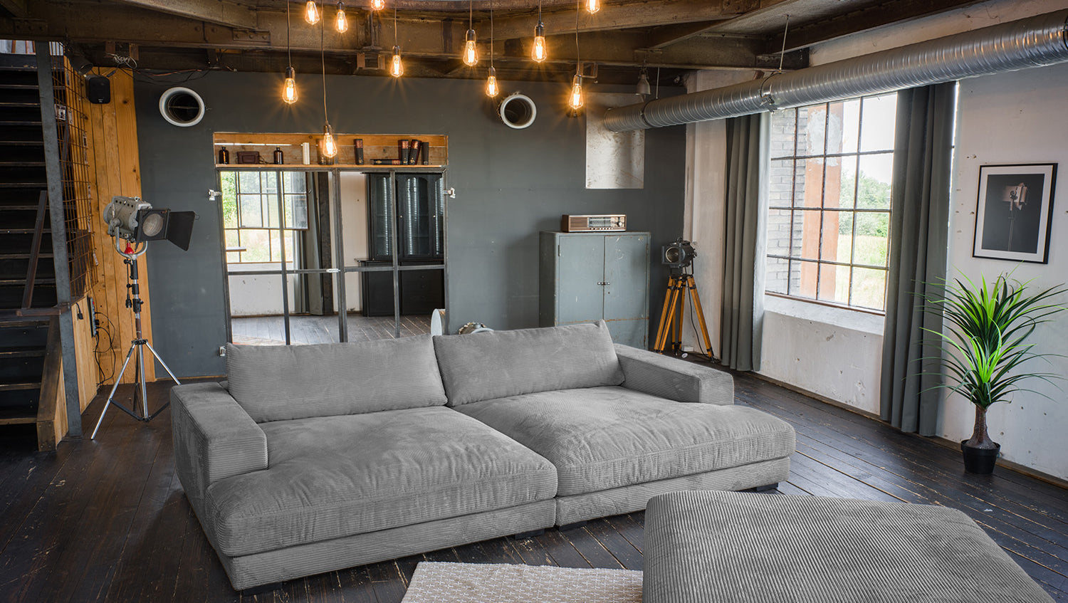 KAWOLA Big Sofa MADELINE Cord grau mit Hocker und 4 Zierkissen