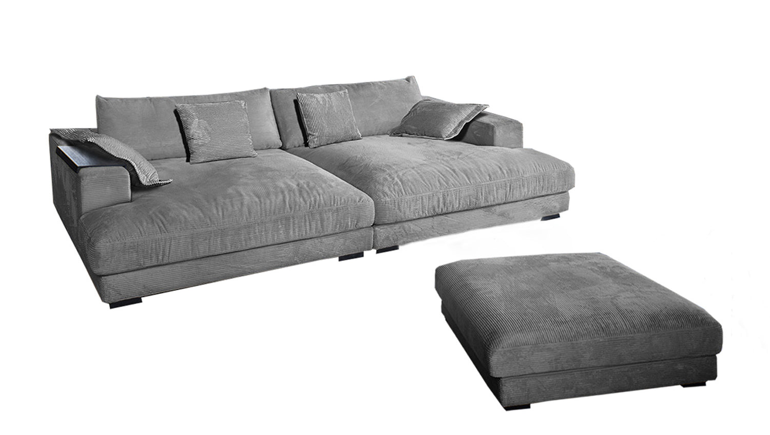 KAWOLA Big Sofa MADELINE Cord grau mit Hocker und 4 Zierkissen