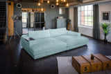 KAWOLA Big Sofa MADELINE Cord hellblau, 290 x 190, mit Holztablett schwarz