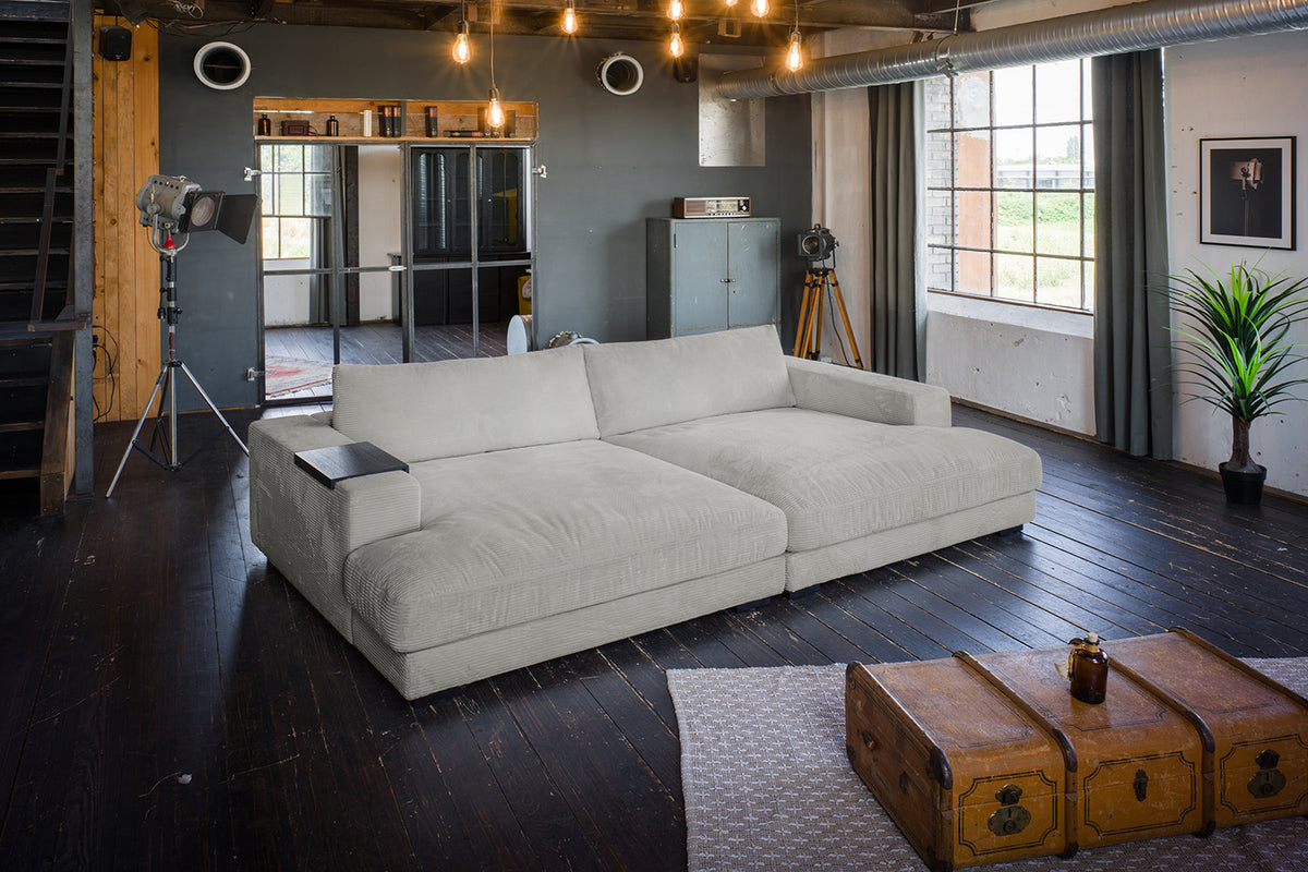 KAWOLA Big Sofa MADELINE Cord hellgrau, 290 x 170, mit Holztablett schwarz