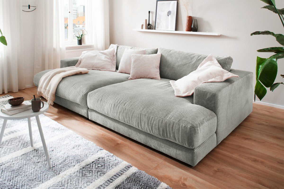 KAWOLA Big Sofa MADELINE Cord hellgrau, 290 x 190, ohne Holztablett