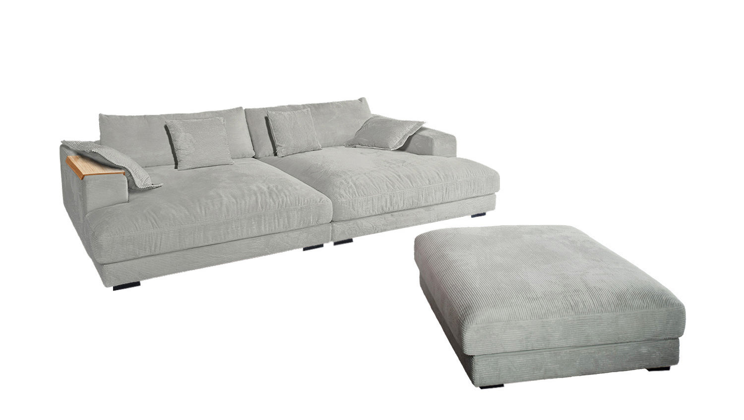 KAWOLA Big Sofa MADELINE Cord hellgrau mit Hocker und 4 Zierkissen