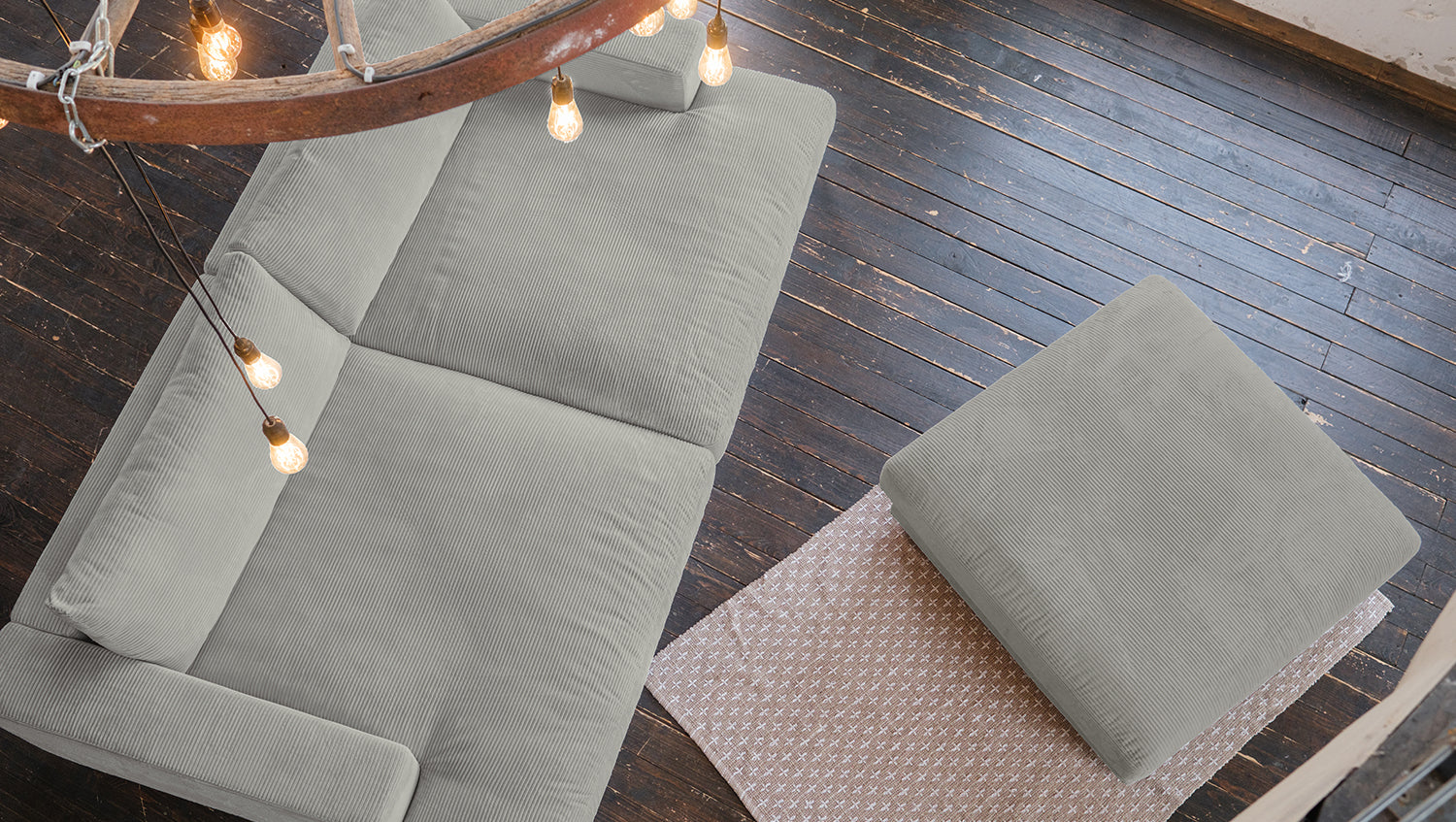 KAWOLA Big Sofa MADELINE Cord hellgrau mit Hocker und 4 Zierkissen