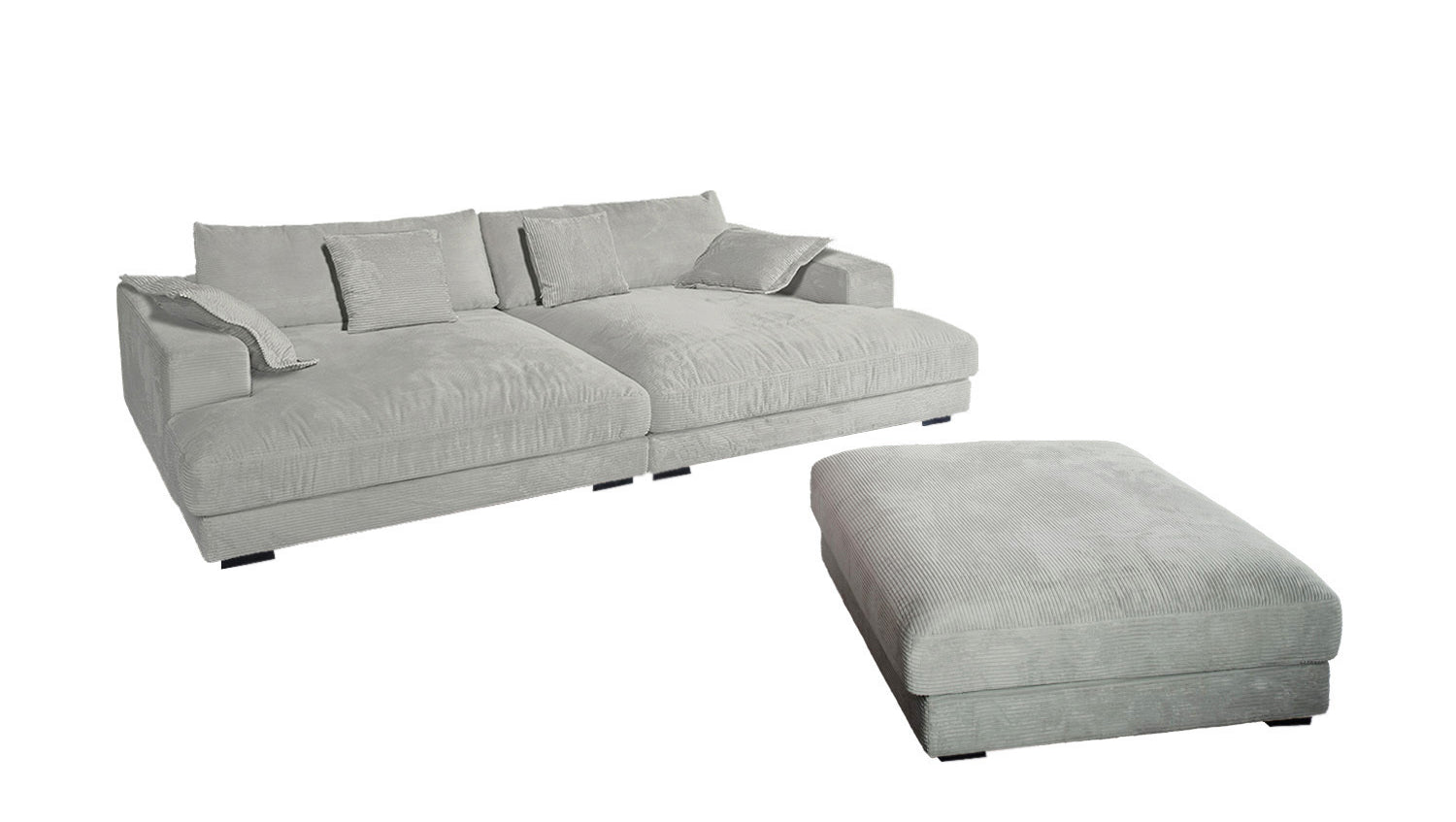 KAWOLA Big Sofa MADELINE Cord hellgrau mit Hocker und 4 Zierkissen