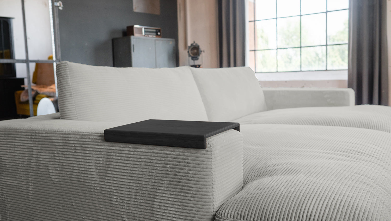 KAWOLA Big Sofa MADELINE Cord hellgrau mit Hocker und 4 Zierkissen