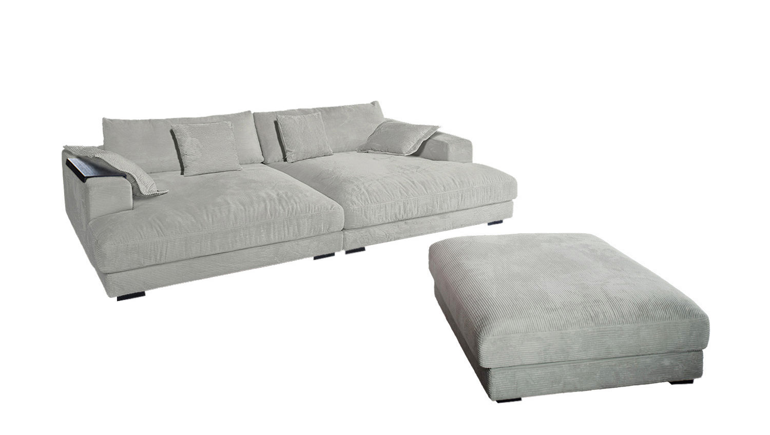 KAWOLA Big Sofa MADELINE Cord hellgrau mit Hocker und 4 Zierkissen