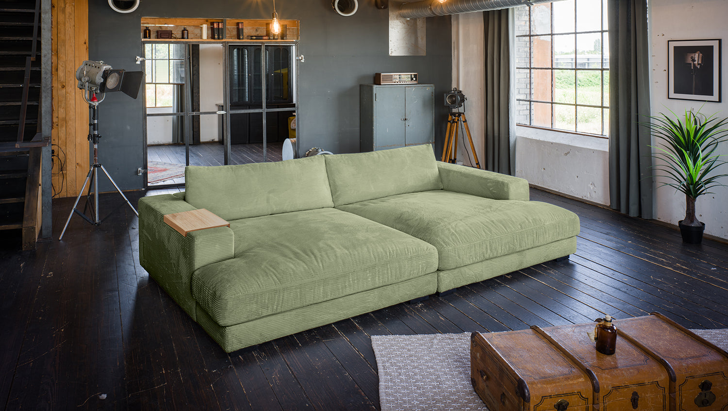 KAWOLA Big Sofa MADELINE Cord olivgrün, 290 x 170, mit Holztablett natur