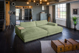 KAWOLA Big Sofa MADELINE Cord olivgrün, 290 x 170, mit Holztablett natur