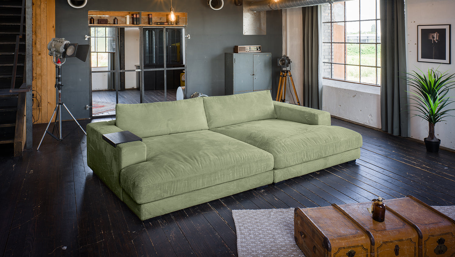 KAWOLA Big Sofa MADELINE Cord olivgrün, 290 x 190, mit Holztablett schwarz