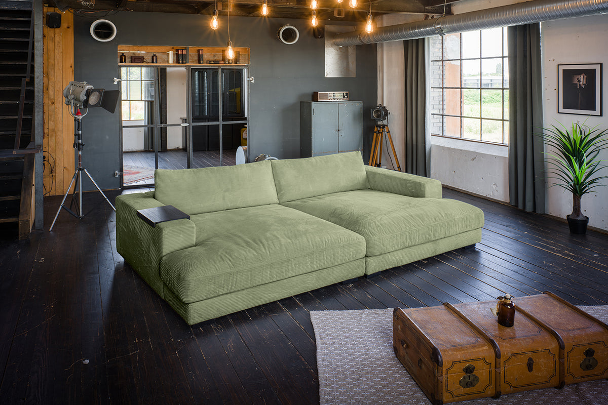 KAWOLA Big Sofa MADELINE Cord olivgrün, 290 x 190, mit Holztablett schwarz