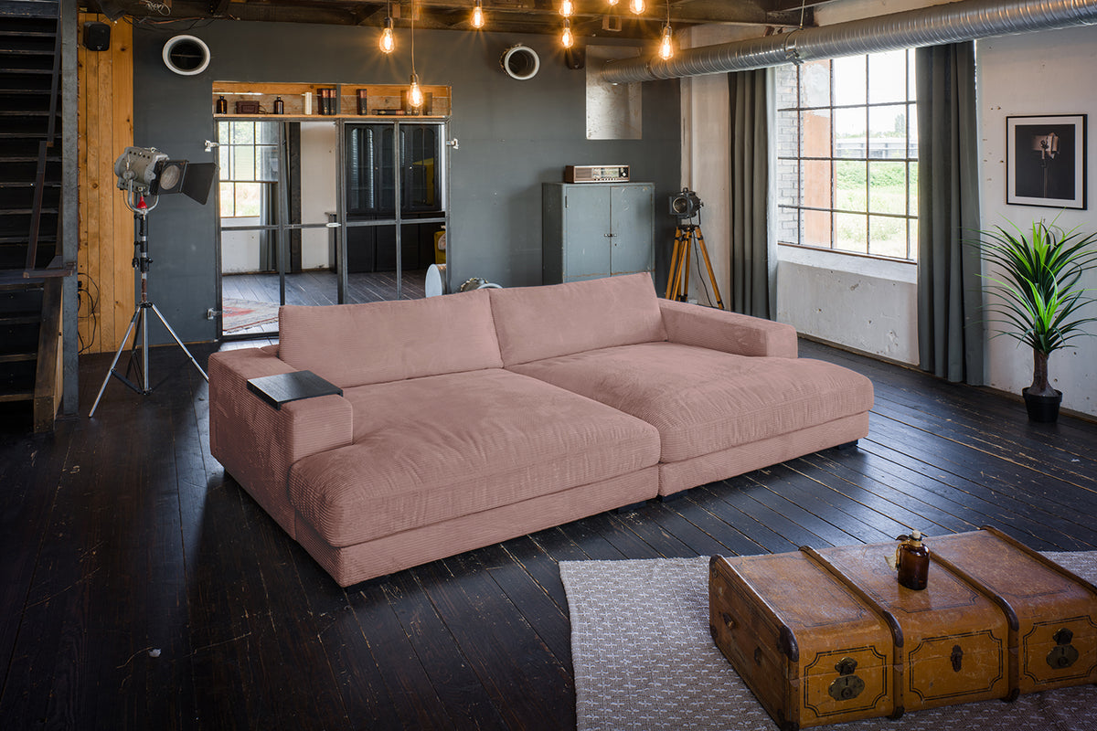 KAWOLA Big Sofa MADELINE Cord rosa, 290 x 190, mit Holztablett schwarz