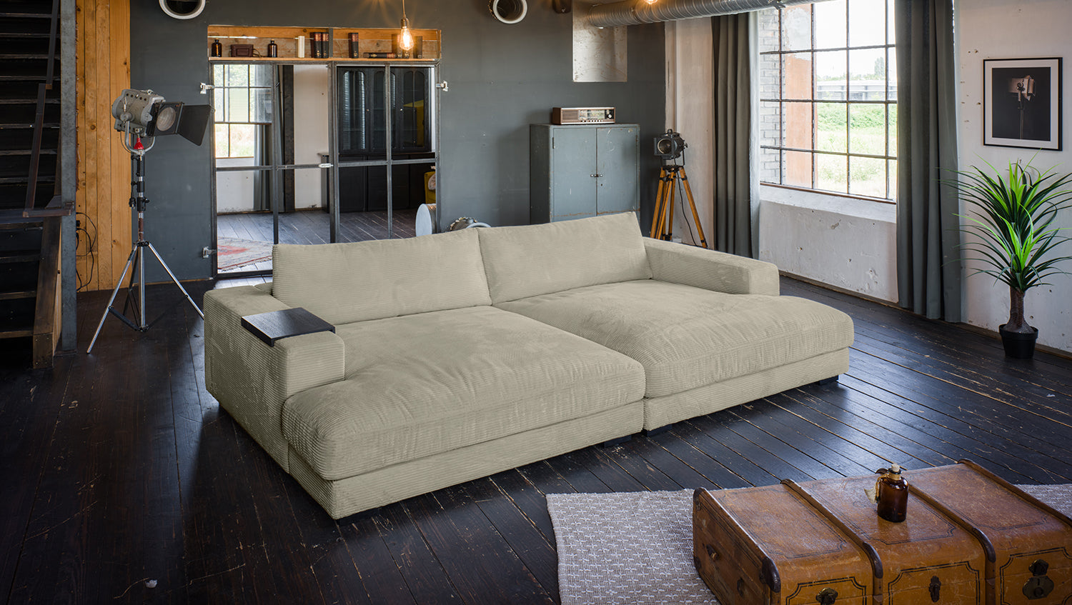 KAWOLA Big Sofa MADELINE Cord steingrau, 290 x 170, mit Holztablett schwarz