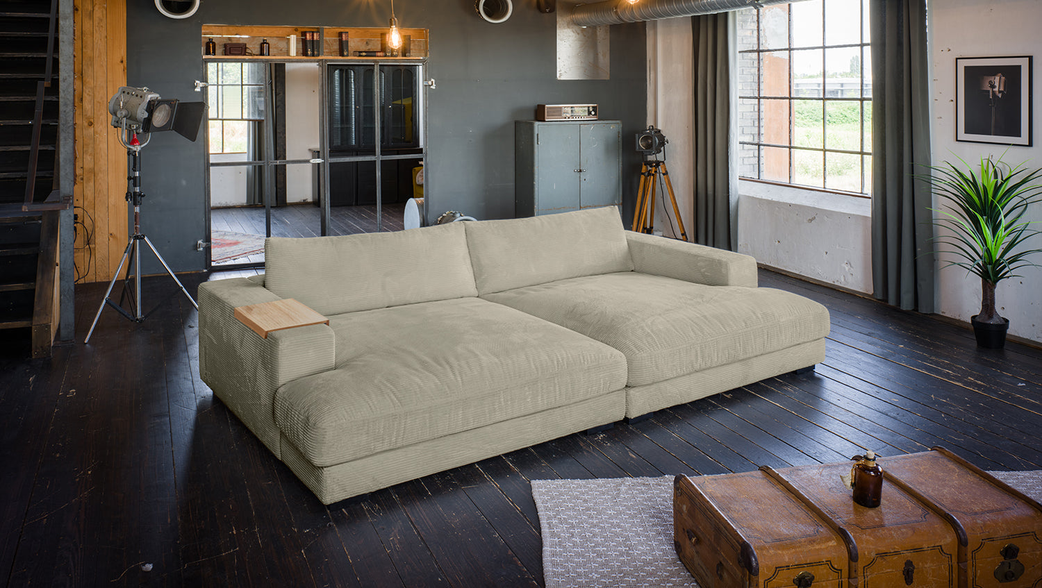 KAWOLA Big Sofa MADELINE Cord steingrau, 290 x 170, mit Holztablett natur