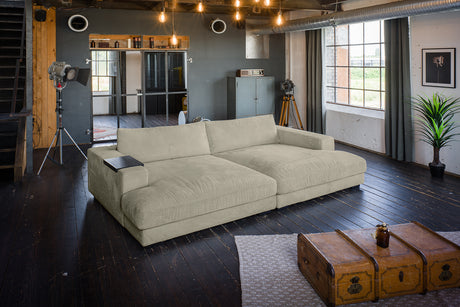KAWOLA Big Sofa MADELINE Cord steingrau, 290 x 190, mit Holztablett schwarz