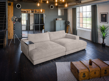 KAWOLA Big Sofa MADELINE Cord taupe, 290 x 170, mit Holztablett schwarz