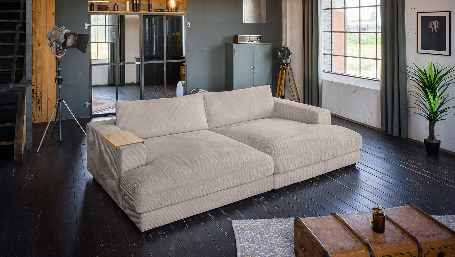 KAWOLA Big Sofa MADELINE Cord taupe, 290 x 190, mit Holztablett natur
