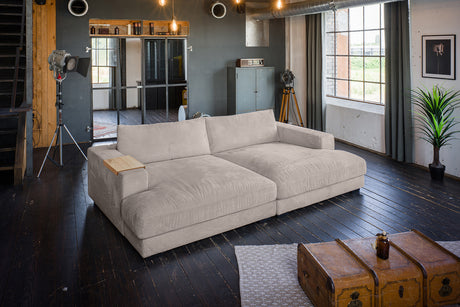 KAWOLA Big Sofa MADELINE Cord taupe, 290 x 190, mit Holztablett natur