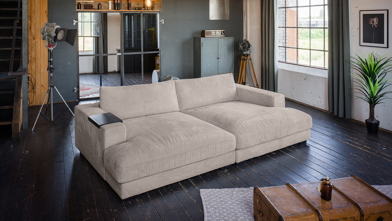 KAWOLA Big Sofa MADELINE Cord taupe, 290 x 190, mit Holztablett schwarz