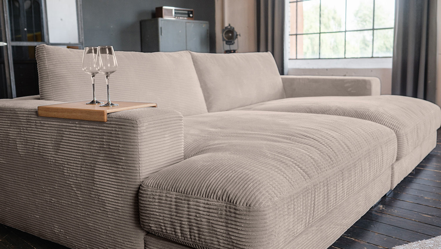 KAWOLA Big Sofa MADELINE Cord taupe mit Hocker und 4 Zierkissen