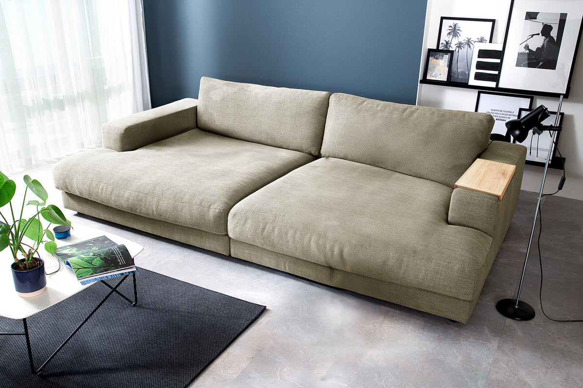 KAWOLA Big Sofa MADELINE Stoff cremeweiß, 290 x 190, mit Holztablett natur