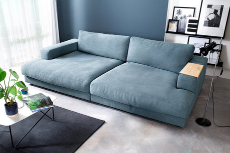KAWOLA Big Sofa MADELINE Stoff petrol, 290 x 170, mit Holztablett natur