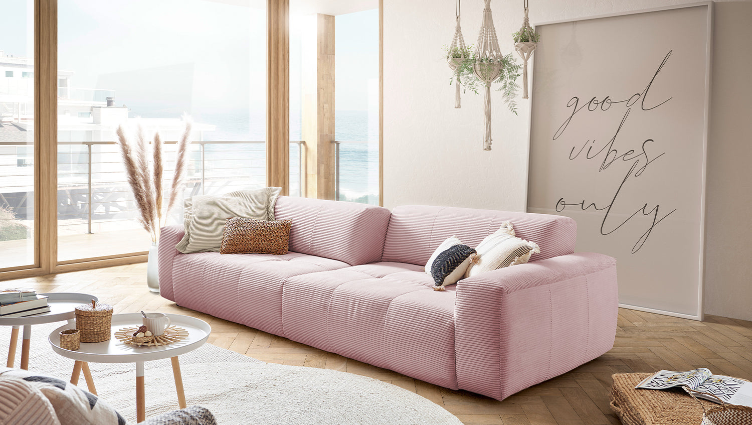 KAWOLA Big Sofa PALACE 3-Sitzer mit Sitztiefenverstellung Cord rosa