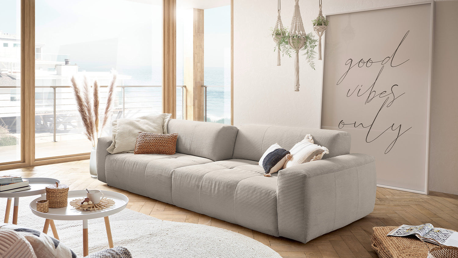 KAWOLA Big Sofa PALACE 3-Sitzer mit Sitztiefenverstellung Cord steingrau