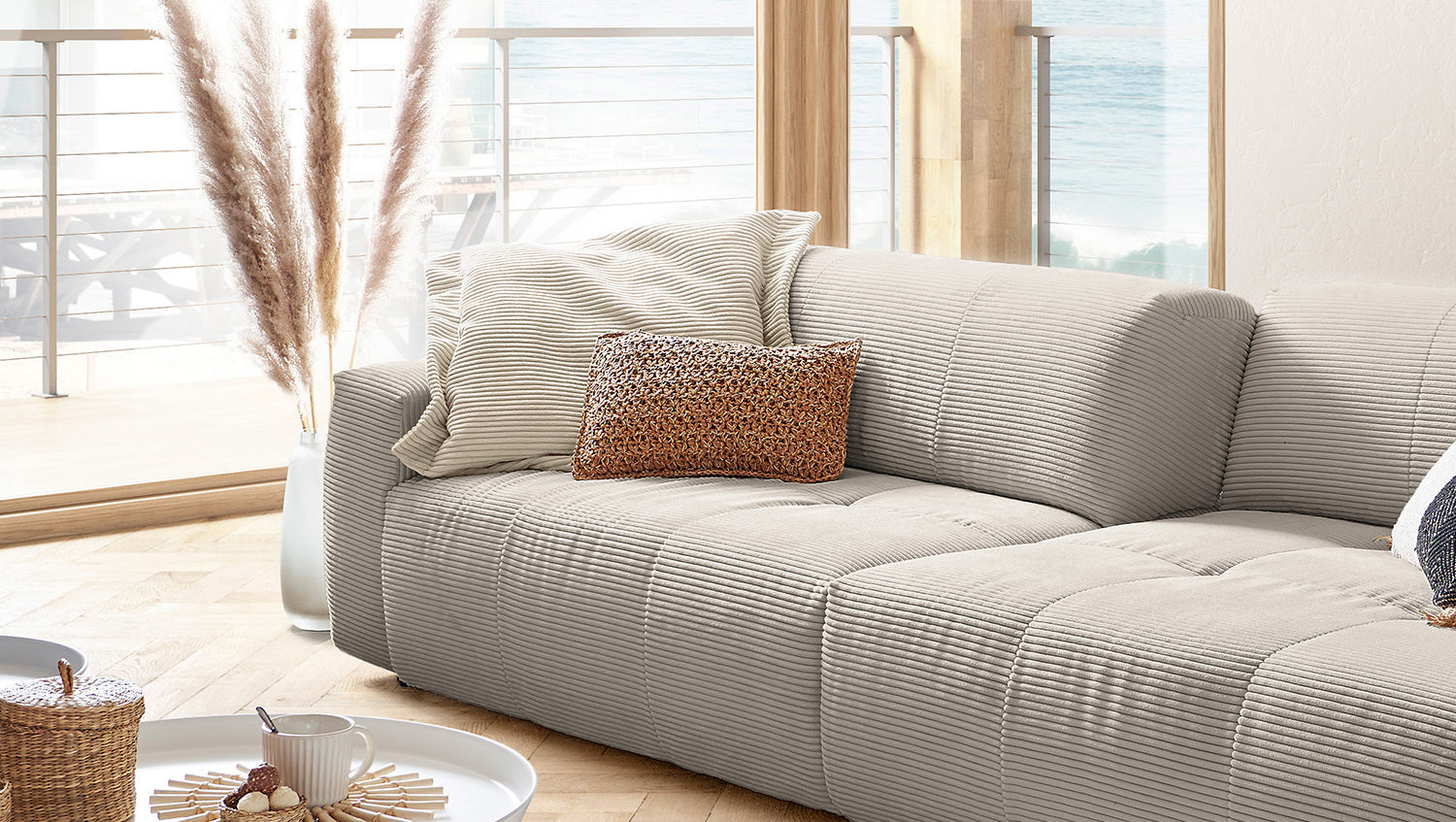 KAWOLA Big Sofa PALACE 3-Sitzer mit Sitztiefenverstellung Cord steingrau