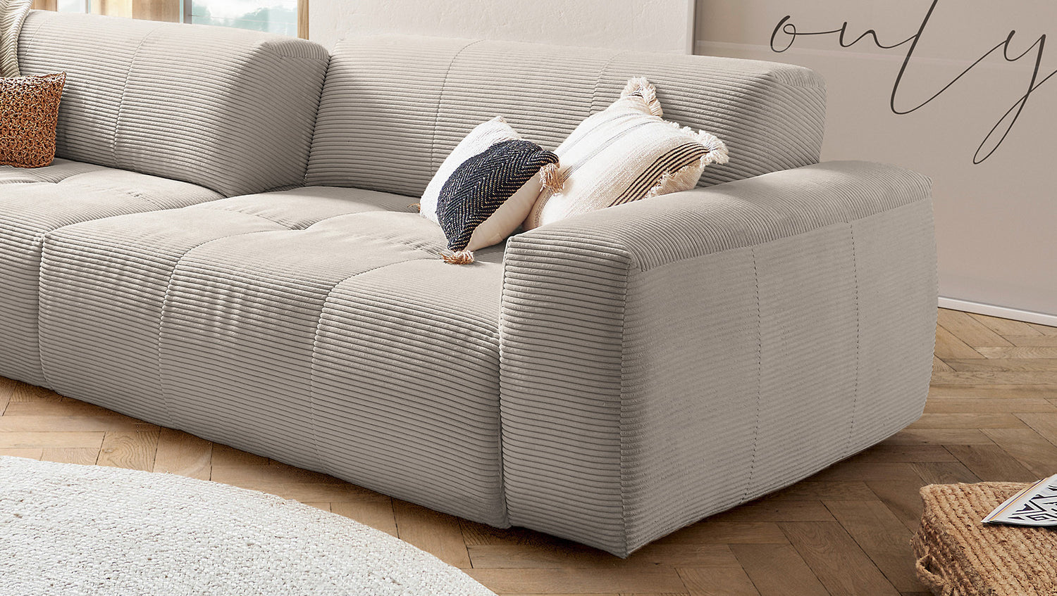 KAWOLA Big Sofa PALACE 3-Sitzer mit Sitztiefenverstellung Cord steingrau